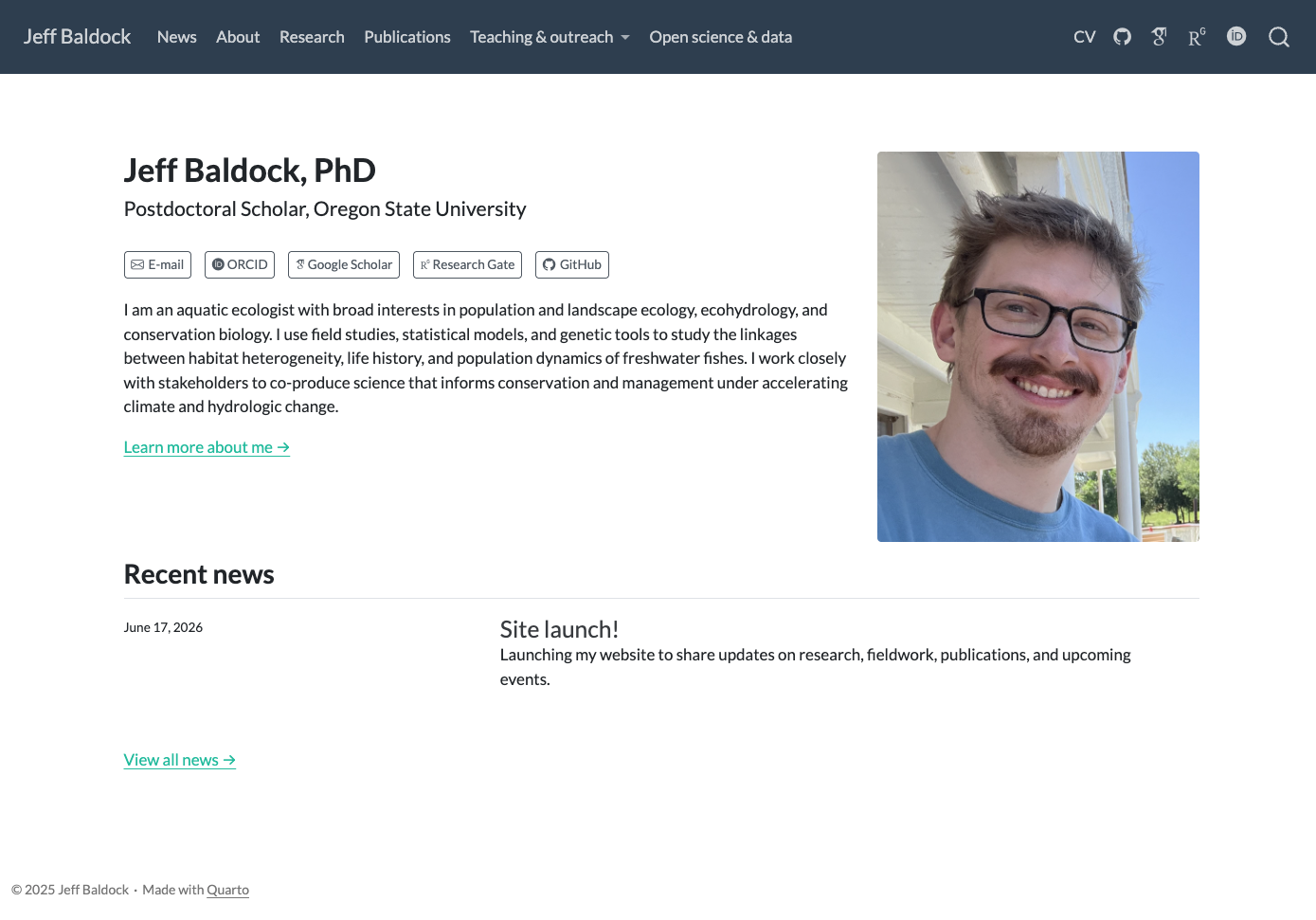 Screenshot of the landing page for Jeff Baldock's personal reserach website